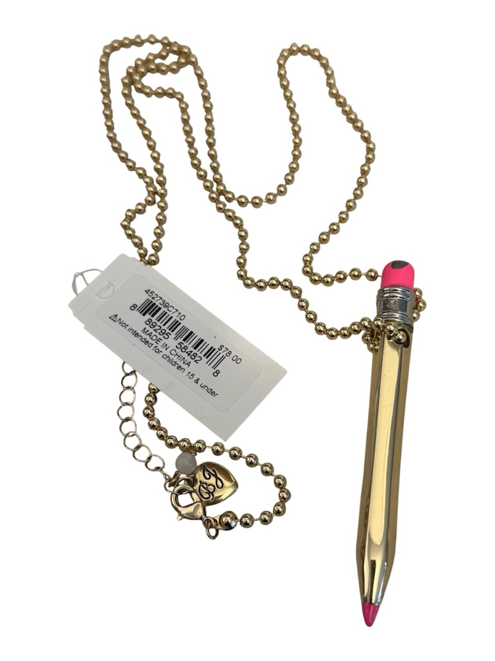 NWT Betsey Johnson Gold Pencil Pendant Necklace with Pink Tip